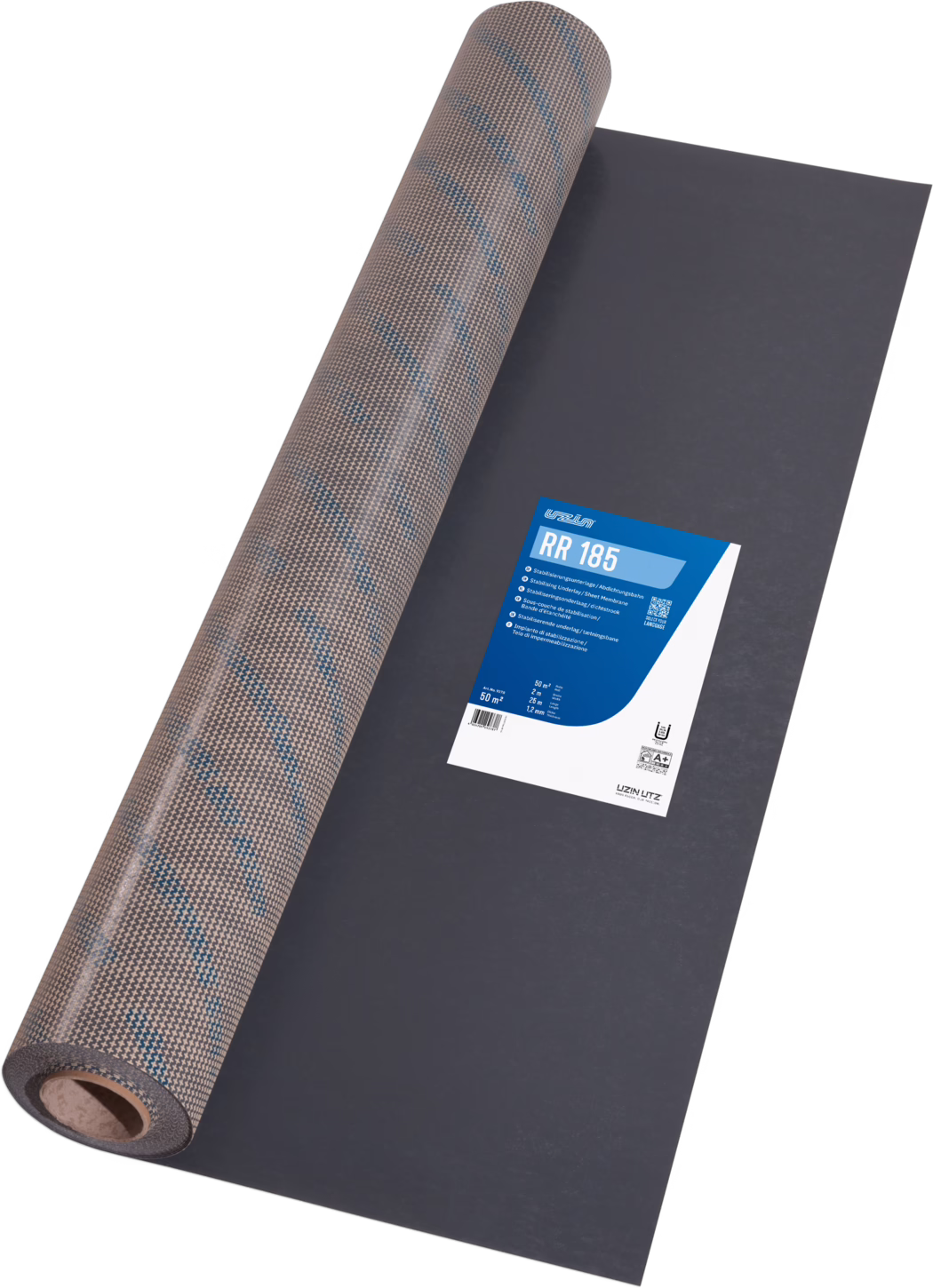 UZIN_Dummy_RR 185_2024-06 Rotolo di sottofondo per coperture parzialmente srotolato su una superficie piana, con uno strato superiore marrone strutturato con sottili linee diagonali blu e una parte inferiore grigio scuro; un'etichetta prodotto blu e bianca riporta 'RR 185' con informazioni tecniche.